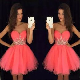 Gorgeous Short Homecoming Dresses Coral Pink Tulle Party Dress Sweetheart Sleeveless Crystals Cheap Customized Graduation Prom Dress