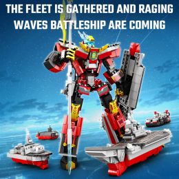 SEMBO 4IN1 Battleship Transforming Mecha Building Blocks Kits MOC Steel Mech Series Warship Model Bricks Boys Toys Holiday Gifts