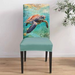 Ocean Turtle Retro Nautical Chair Cover Set Kitchen Stretch Spandex Seat Slipcover Home Dining Room Seat Cover