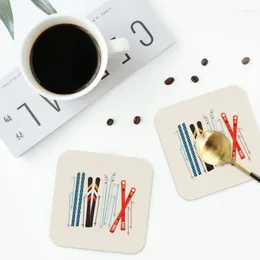 Table Mats Colourful Retro Ski Illustration Coasters Leather Placemats Waterproof Insulation Coffee Home Kitchen Dining Pads Set Of 4