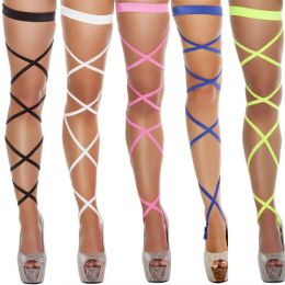 Sexy Women Bandage Fishnet Stockings Thigh-High Studded Thigh High Leg Rave Wraps Strappy Tights