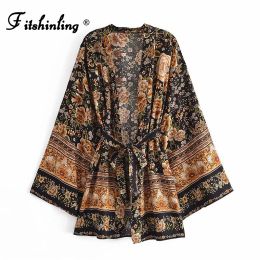 Dresses Fitshinling Cotton Vintage Kimono Women Vintage Beach Cover Up Print Floral Slim Cardigan with Sashes Flare Sleeve Boho Blouse