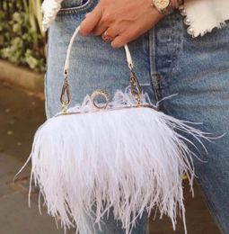 Evening Bags Ostrich Feather For Women Tassel Party Clutch Bag Diamond Ring Purses And Handbags Wedding Chain Shoulder