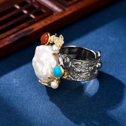 Ny ankomst elegant 925sterling silverring överdriven personlighet designad 925 silver smycken barock pärlfinger ring rent handgjorda silverring