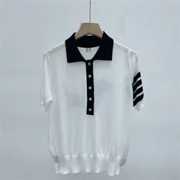 Five Buttons Polo Shirt For Women Summer Cartoon Knit Crochet Casual TShirt Short Sleeves Crop Tops Pulls Jumper 240409