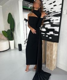 Elegant Long Black Crepe One Shoulder Evening Dresses With Side Train Sheath Halter Middle East Ankle Length Prom Party Dress for Women