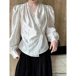 Women's Blouses Cross Lace Blouse Shoulder Pad V-neck Irregular Pearl Bubble Sleeve Shirt