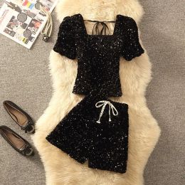 Women Sexy Night Party Short Suit Shirt Top And Pant Two Piece Set Ladies Matching Outfit 2023 Summer Sequin Club Clothing