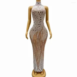 Stage Wear Sexy Silver Mirrors Rhinestones Pearls Evening Celebrate Dress Dance Performance Outfit Birthday Stretchy Poshoot Costume