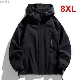 Men's Jackets Black camping jacket mens windproof jacket Plus size 8XL fashionable casual waterproof jacket mens solid color jacket large sizeL2404