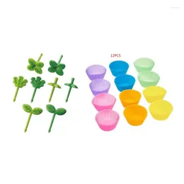 Disposable Flatware 8-Piece Fruit Forks Dessert Cake Toothpicks Foods Picks Green Plants Shaped Plastic Material For Party Supply