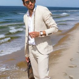 Linen Beach Suits for Men Wedding Groom Tuxedo 2 Pieces Prom Party Summer Suit Jacket with Pants Male Fashion 204 240407