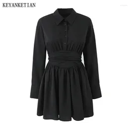 Casual Dresses KEYANKETIAN 2024 Launch Women's Pleated Slim Design ShirtDress Spring Stylish Simply Side Zipper Long Sleeve Mini Dress