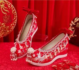 Embroidered Wedding Shoes Red Hidden Heels Shoes Chinese Traditional Wedding Hanfu Shoes Ancient Women Oriental Ankle Slip-on