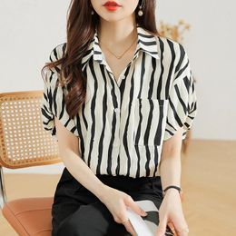 Women's Blouses 2024 Summer Women' Stripes Polo Collar Button Pockets Versatile Korean Version Loose Casual Bubble Sleeved Silk Shirt Tops