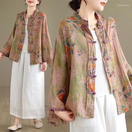 Women's Blouses Limiguyue Chinese Floral Print Jacket Thin Women Stand Collar Long Sleeve Cotton Linen Literary Ruffles Tops E531