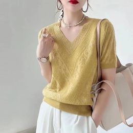 Women's Blouses Elegant Short Sleeve Shirt Women V-neck Summer Ice Silk Blouse Hollow Out Tops Lady Loose Casual Clothes 26294