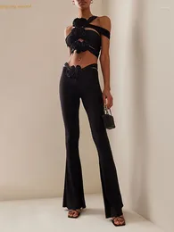 Pantaloni da due pezzi da donna Y-Y Womne's Set Cross Splet 3D Flower senza spalla senza schienale sexy di San Valentino Tops High Waist Slim Autunno
