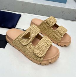 Designer Sandal Woman Crochet Slides Black Platform Wedges Straw Flatform Slipper Summer Flat Comfort Mule Beach Pool High quality