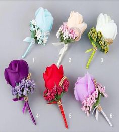 Artificial Flower Wedding Bridal Bouquets Beads Bridesmaid Groomsman Corsage Lavender Red Pink Purple White Blue Champagne Flowers7905022