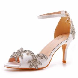 Dress Shoes Crystal Queen Women White Silk 7CM High Heels Banquet Rhinestone Wedding Sweet Wild Single Sandals Bride Party Pumps H240409 DAXN