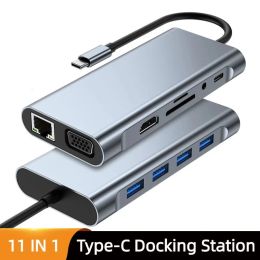 Hubs USB C Hub Adaptor Laptop Type C 11 In 1 RJ45 Connector VGA Cable Display Port To HDMICompatible 4K Lan Ethernet HDTV PD TF Card