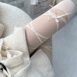 Japanese Type Fake Cross Bandage Print Fishnet Tights Womens Mesh Hollow Out Bowknot Pantyhose Black White Stockings Bas Resille