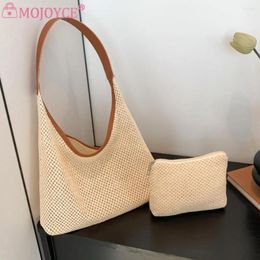 Shoulder Bags Women Straw Woven Tote Bag Weaving Large Capacity Clutch With Small Pouch Solid Color For Travel Vacation