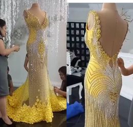 2019 Luxury Evening Dresses V Neck Backless Lace 3D Floral Appliqued Beaded Mermaid Prom Dress Sweep Train Custom Made Formal Part1468352