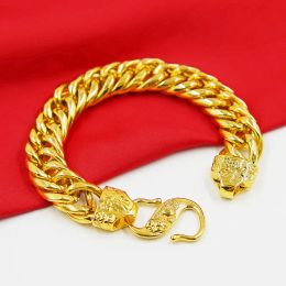 Real 24K Gold Colour Thickened Gold Fuzi Tank Flat Bracelet for Men Women Chain Pure 10n 12n 14n 999 Golden Plated Jewellery Gift