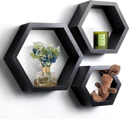 Conjunto de 3 prateleiras hexagonais para decoração de parede, prateleiras flutuantes montadas na parede, prateleira de parede de pinheiro da fazenda para decoração da sala, decoração de quarto, cozinha ou decoração do banheiro