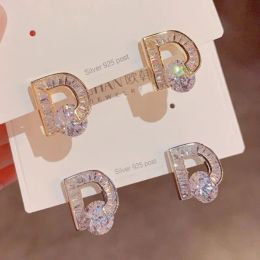 Luxury Women Earrings High Quality 18K Yellow White Gold Plated Bling Pink CZ Letter Earrings Studs for Girls Women for Party Wedding Nice Gift