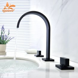 Bathroom Basin Faucet Separated Deck Mount Three Hole Daul Handwheel Cold Hot Water Mixer Bathroom Washing Sink Crane