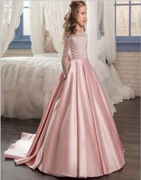 1pcs Girls FloorLength Wedding Dress Kids Girls chest binders Long sleeve Big bowknot Trailing Princess Evening Prom Party Dresse8378356