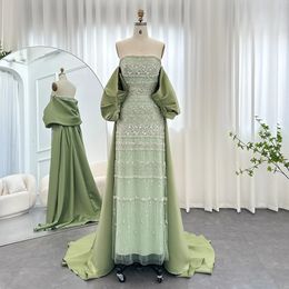 Sharon Said Luxury Dubai Sage Green Evening Dresses with Cape 2024 Arabic Blue Sky Lilac Elegant Women Wedding Party Gowns SS238 240328