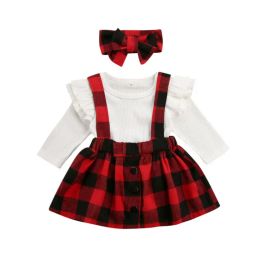 Waistcoats 018m 3pcs Christmas Newborn Baby Girl Clothes Set Solid Knitted Romper Plaids Bib Skirt Outfits