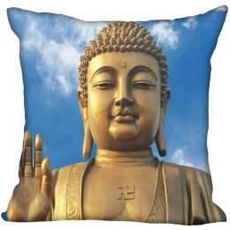 Custom Decorative Pillowcase Buddha Statue Square Zippered Pillow Cover Satin Soft Fabric 35X35,45x45cm(One Side)