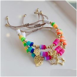 Charm Bracelets Fashion Polymer Clay Gold Colour Copper Beads Bracelet Star Leaf Pendant Handmade Braided Women Jewellery Gift Drop Deliv Dhux6