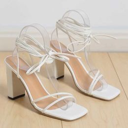 Dress Shoes 2023 White Black Womens Ankle Strap Sandals Leather Crossover High Heels Sexy Lace Party Pump Size 35-42 H240409 X9DL