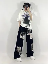 Women's Jeans Grunge Punk Patchwork Black Women Hip Hop Streetwear Print Oversize Wide Leg Trousers 90s Vintage Fashion Pants