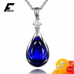 Pendant Necklaces Luxury Womens Necklace 925 Silver Jewellery Accessories Water Drop Sapphire Zircon Pendant Wedding Party GiftQ