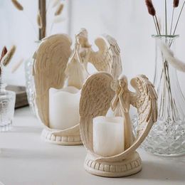 Candle Holders European Retro Old Wings Angel Led Candlestick Ornament American Figure Statue Decoration Trinket Gift