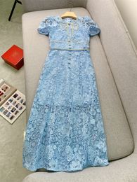 Spring Summer Blue Floral Lace Bow Rhinestone Dress Short Sleeve Round Neck Midi Casual Dresses W4A073035