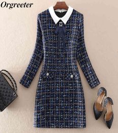 Arrival Lapel Contrast Colour Beaded Bow tie Aline Tweed Dress Women Navy Blue Woollen Short Plus Size SXXL 2105255686085