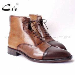 Boots Cie Square Cap Toe Handmade Pure Genuine Calfskin Leather Upper Inner Men's Boots Leather Outsole Breathable Dark Brown No.a66