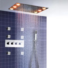 Ceiling Mounted Rainfall LED 20X14 Inches Shower Head Faucets Set Constant Temperature System With Body Jets