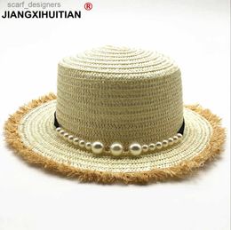 Wide Brim Hats Bucket Hats 2018 new Flat top straw hat Summer Spring womens trip caps leisure pearl beach sun hats breathable fashion flower girls hat Y240409