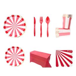 Circus Birthday Party Decor Red White Striped Disposable Tableware Sets Plates Cups PE Tablecloth Napkin Knives Forks Supplies