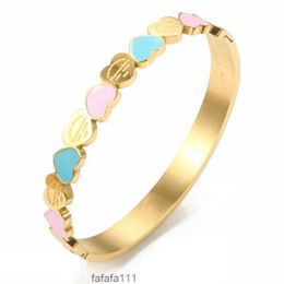 Gold Colour Blue and Pink Enamel Forever Love Heart Charm Bangle bracelet for Women Girlfriend Promise Wedding Jewellry Gifts Bangle GQ6B