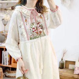 Casual Dresses 110cm Bust Spring Autumn 2024 Women Sweet Mori Kei Girl Fashion Loose Plus Size Embroidered Comfortable Cotton Lacy